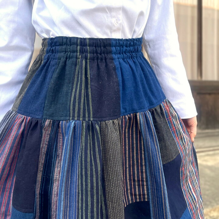 古布・藍縞リメイクスカート⭐️ （古布 襤褸 BORO 藍染 縞木綿 木綿 