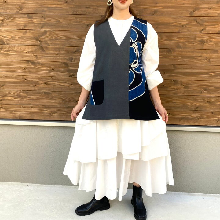 絣と半纏のパッチワークバルーン袖のトップス／ベスト2点