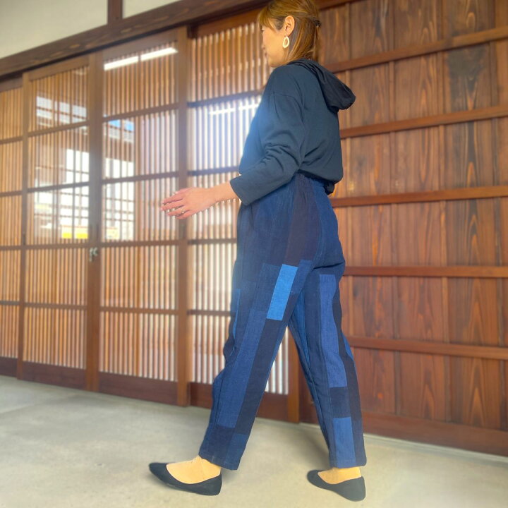古布リメイク パンツ 藍無地 型染め （70） （古布リメイク 久留米絣 
