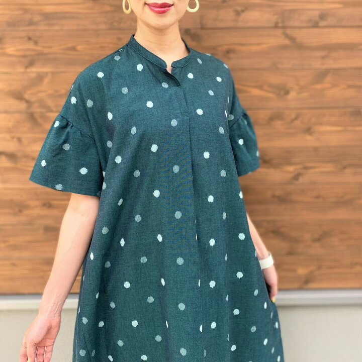 楽天市場 久留米絣ワンピース ふんわり袖大人可愛いミセス４０代５０代６０代綿１００ 和柄和風春夏ロング上品グリーンみどり水玉柄ドット半袖春夏ギエモンオカモト商店 古布と藍染めこっとんコットン