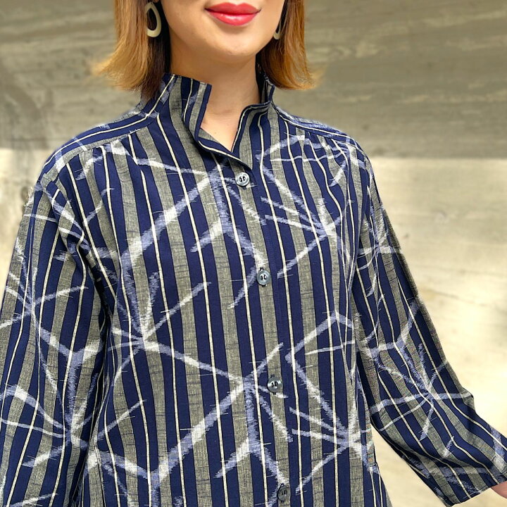 儀右ヱ門【久留米絣前開きブラウス】シャツミセス50代60代70代 