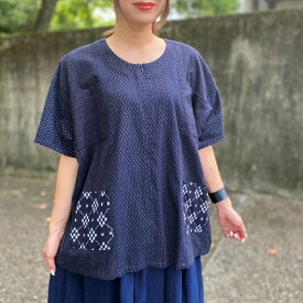 【久留米絣ブラウス】ミセス40代50代60代70代レディース半袖夏涼しい可愛い日本製チュニックふんわり綺麗ネイビー紺
