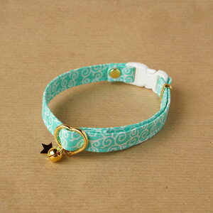 【★こげねこオリジナルプリント使用★ 唐草の首輪(ひすい)】 / 3サイズから選べる / 猫用首輪 / 鈴の有無も選べる / 自由に選べるパーツ / 安全首輪 / ハンドメイド / オーダーメイド / こ