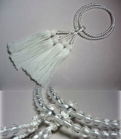 女性用のお数珠 水晶108面切子仕立て 白房 二重