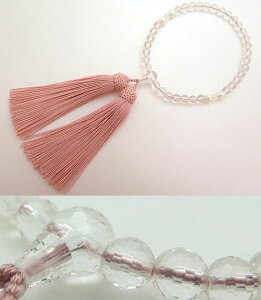 数珠 女性用 水晶 108面カット 淡水真珠 4点仕立て 灰桜房