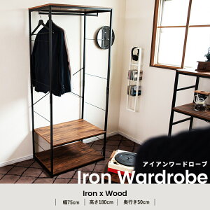 ハンガーラック ラック 棚 アイアンワードローブ 5段 クローゼット 大容量 収納 おしゃれ スチール 収納棚 クローゼット 木製棚板 奥行50cm ブラックxブラウン ウッドシェルフ オープンラック