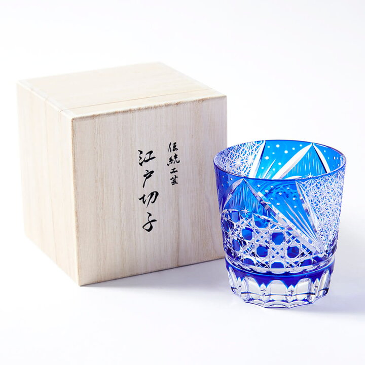 楽天市場】江戸切子 ロックグラス 木箱入り スターダスト 瑠璃 瑠璃  