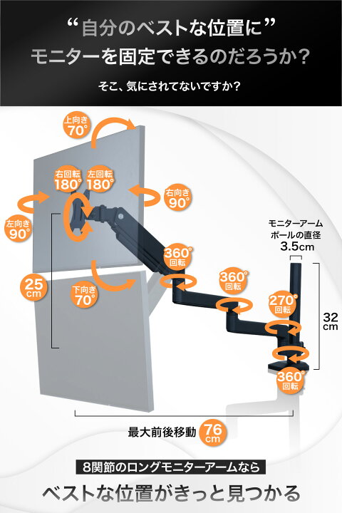 楽天市場】EastForce 自由自在 8関節ロングモニターアーム シングル 