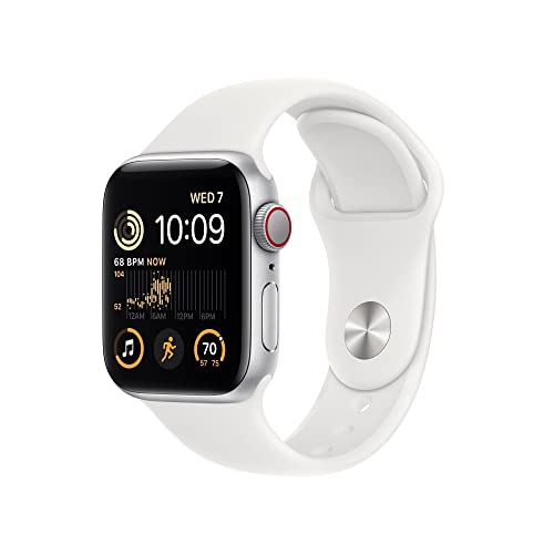 Apple Watch SE(第2世代) GPS   Cellularモデル、40mmケース シルバーアルミニウムケースとホワイトスポーツバンド レギュラーを組み合わせたスマートウォッチ。フィットネストラッカーと睡眠トラッカー、衝突事故検出、心拍数のモ