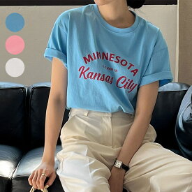 ロゴプリント 半袖 Tシャツ トップス ラウンドネック 綿100％ 春 夏 秋 20代 30代 40代 レディース 韓国ファッション (1)