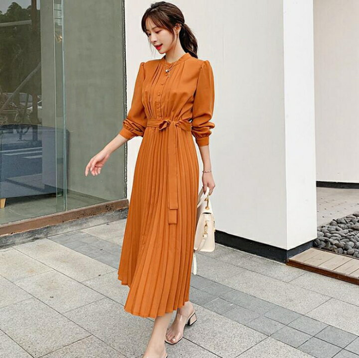 楽天市場 春秋 人気 新作 韓国 レディース ロングワンピース 長袖 シャツ ドレス 女性 無地 腰縛り プリーツスカート 氣質 大人 お母さん 上品 ファッション 普段着 楽天 結婚式 二次 通勤 日常 S M L 心々音
