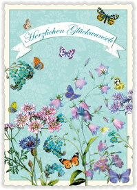 "Blue Flowers"ラメ加工ダイカットポストカード