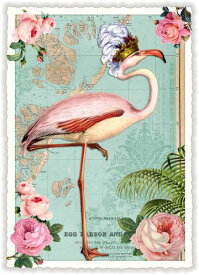 "Flamingo with Spring Crown"ラメ加工ダイカットポストカード
