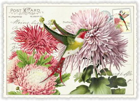 "Hummingbird and Chrysanthemums"ラメ加工ダイカットポストカード