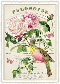 "Charming birds in beautiful flowers"ラメ加工ダイカットポストカード