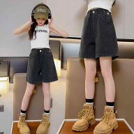 子供服 パンツ 女の子 デニム ショートパンツ 薄手 ゆったり 夏 炭黒 ミドル丈 ガールズ 女児 キッズ ジ…