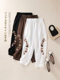レディース パンツ サルエルパンツ バルーンパンツ 綿麻 コットンリネン 刺繍 レース 9分丈 アンクル丈 クロップドパンツ ゆったり ナチュラル レトロ カジュアル 体型カバー リラックスパンツ 春夏
