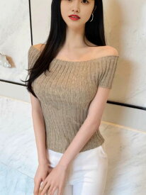 レディース Tシャツ 半袖 オフショルダー ニット タイト ストレッチ リブ トップス セクシー 大人かわいい フェミニン きれいめ 上品 細見え スタイルアップ 春夏