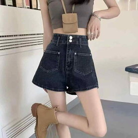 レディース デニム ショートパンツ ホットパンツ ハイウエスト Aライン ワイド ストレート ヴィンテージ風 細見え 脚長効果 美脚 カジュアル 夏用