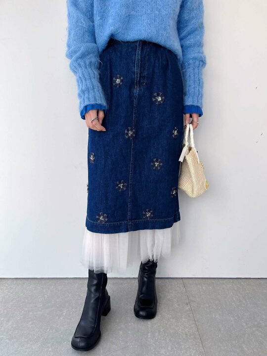楽天市場】【MUVEIL】 フラワー刺繍デニムスカート ミュベール Aライン  