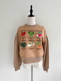 【MUVEIL】 ベジタブル刺繍プルオーバー ミュベール スウェット トレーナー カードシード 手刺繡 ボリュームスリーブ ウール デザイン リブ Beige Black 36 38 MA232KSW004 KOKO