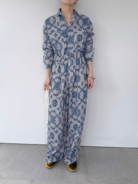 Sara Mallika Cotton Flower Signal Print All In One サラマリカ コットン フラワーシグナルプリント オールインワン モード リゾート つなぎ 長袖 幾何学 Blue 020861SE1 KOKO KOKO