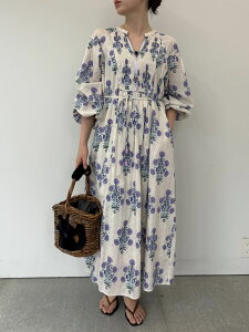 �yne Quittez pas�z Cotton Jacquard Marigold Print Shirring Dress �k�L�e�p �R�b�g�� �W���J�[�h �}���[�S�[���h �v�����g �V���[�����O �h���X �ԕ� �����s�[�X Ecru Black 010400CF1