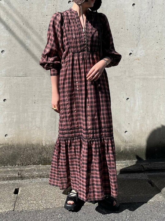 楽天市場】【Sara Mallika】 Cotton Check Shirring Long Dress 