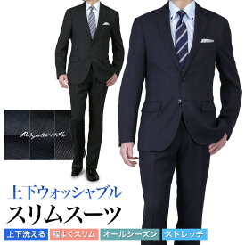 スーツ メンズ スリム 上下洗える 2つボタン 程よくスリム ノータック 背抜き仕立て プリーツ加工 ストレッチ ビジネススーツ ウォッシャブル おしゃれ 春夏秋冬 オールシーズン対応 卒業式 卒園式 パパ セレモニー 入社式