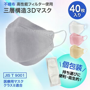 立体型サージカルマスク No.2875 個包装 清潔 男女兼用 不織布 予備として 使い捨て カラーマスク ホワイト ピンク グレー ベージュ サイズ:フリー 40枚入/箱 立体マスク 男 女