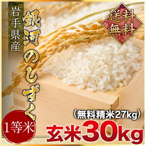令和2年度産 送料無料 岩手県産銀河のしずく1等米 玄米30kg(精米無料)(1等米)(送料無料 但し北海道 中国 九州 四国 沖縄 離島を除く)