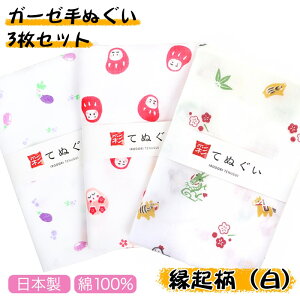 【0のつく日 24h限定 店内全品10%OFF】手ぬぐい フェイスタオル ガーゼ 3枚セット 縁起柄 白 二重袷 日本製 手拭い 剣道 ハンカチ タオル 綿 ラッピング 熨斗 ふきん 洗顔 粗品 彩 irodori TE-X3-011