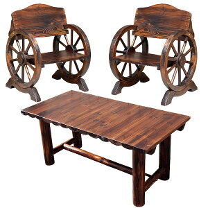 \本日300円クーポン配布/車輪ベンチ&焼杉テーブル3点セット(ベンチ小) ガーデンファニチャーセットWBT650-3PSET-DBR 簡単組立 天然木 木製 ガーデンテーブル 丸太 ログ 古木調 テーブル チェア