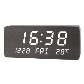 置き時計 デジタル カレンダー 温度 表示 めざまし機能 卓上時計 インテリア時計 シンプル 木目調 多機能 USB給電 プレゼント (ネオブラック)