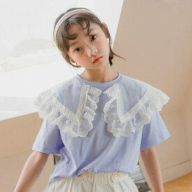 送料無料 Tシャツ 女の子 子供服 半袖 レース フリル トップス 子ども服 学生 キッズ Tシャツ 普段着 夏着 新品 おしゃれ 個性 洋服 カジュアル 無地 インナー 可愛い ブルー 100 110 120 130 140 150 160