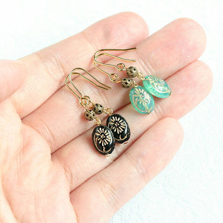 楽天市場 ゴールド模様 オーバル チェコガラス ピアス アレルギー対応 イヤリング変更無料 かわいい 安い 大人女子 プレゼント ギフト 樹脂 チタン ネジバネ式 オメガ イヤリング 金アレ ブランド おしゃれ フックピアス コモレビスタ