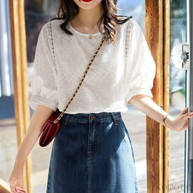 【送料無料】ブラウス レディース 40代 春夏新作 オシャレブラウス 白レースブラウス パフスリーブ Tシャツ 半袖トップス 通勤