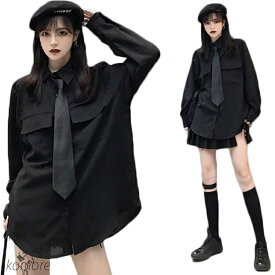 【送料無料】ストリート系 コスプレ 黒シャツ ネクタイ付き 長袖 無地 シンプル カジュアル レディース モード系 原宿系 ロック系 ハロウィン シャツ