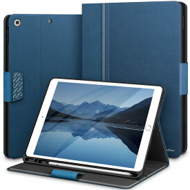 KingBlanc iPad 10.2 ケース 第9世代/第8世代/第7世代 (2021/2020/2019) ケース ペン収納可能 手帳型 全面保護 高級PUレザー製 オートスリープ・スタンド機能付き 指紋付きにくい 耐衝撃 スマートカバー, ブルー