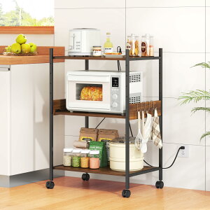 LunarLight レンジラック レンジ台 幅60奥行44高さ90cm コンセント付き 耐荷重112kg キッチン棚 スライド棚・高さ5段調節可能 大型レンジ対応 キャスター付き移動式とアジャスト付き固定式2機能