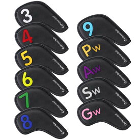 CRAFTSMAN(クラフトマン) ゴルフアイアンカバー ヘッドカバー セット 11枚入り 3〜9、Pw、Aw、Sw、Gw カラフル番号刺繍 ロングネック マジックテープ開閉 合成レザー ブラック