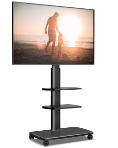 FITUEYES テレビスタンド 32・70型対応 キャスター付き 高さ角度調節可能 移動式 木目調 ブラック 中段棚二枚付 棚板無階段調節 TT306503GB