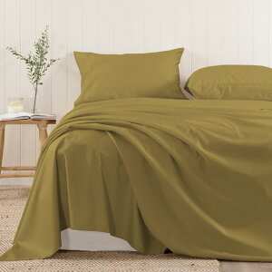 Pizuna コットンフラットシーツ ワイドキング400スレッドカウント 梳毛ロングステープル綿100%サテン織り洗濯機で洗える高級フラットシーツ 1枚280x270cm(マスタードゴールド)