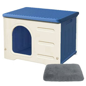 Pempet 猫 ハウス キャットハウス ペットハウス 小型犬用 プラスチック 猫小屋 屋外 室内 野良猫ハウス オールシーズン 毛布付き 防寒 雨よけ ペット用品 通気性 組み立て 洗える ブルー おしゃれ(ブルー)