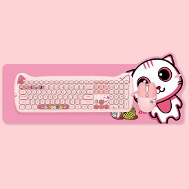 可愛い猫 2.4G USBワイヤレスキーボード マウス マウスパッド セット 女性 子供キーボード おしゃれ カラフルキーキャップ 静音 英語配列 PC、ノートPC対応 (ピンク 110キー)