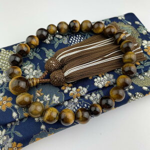 WONDERFUL LOTUS 妙|蓮|花 数珠 男性用 黒檀 黒オニキス 虎目石 22玉 念珠 正絹2色房 数珠袋付き 略式数珠 高級 数珠 葬儀 葬式 男性用 法事 法要 すべての宗派 マイ数珠 (11虎目石, 正絹茶/白2色房)