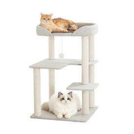 LULUCAT キャットタワー 据え置き 高さ93cm おしゃれ 宇宙船 多頭飼い コンパクト インテリア性 低め 低い 麻生地張り スリム コーナー 省スペース ライトグレー クリアボウル 成猫 子猫 キャットツリー 猫タワー 狭い部屋向け 安定感 シン