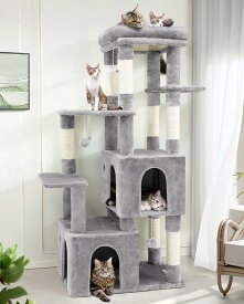 Globlazer キャットタワー 据え置き シニア 猫タワー 大型猫用 猫タワー 多頭飼い 大型 多機能 登りやすい 2ねこハウス 7天然麻紐爪とぎポール ぬいぐるみクッション展望台 猫 ベッド ハンギングバスケット ポンポンおもちゃ 転倒防止ベルト付き