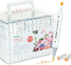 Ohuhu 水性マーカー アートマーカーペン 116色117本 マーカーペン イラストマーカー 筆先 水彩ペン 水性インク 鮮やか イラスト 手帳 絵手紙 色塗り 塗り絵 カード 収納ケース付き