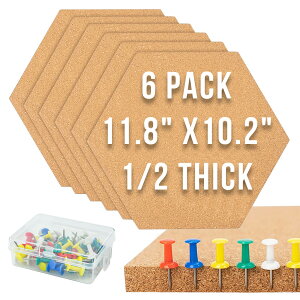 Enkrio コルクボード 木製 コルク板 コルク掲示板 看板 壁掛け 両面テープ付き 枠無し 押しピン50個付き コルクレンガ コルクブロック 6枚セット (六角形)